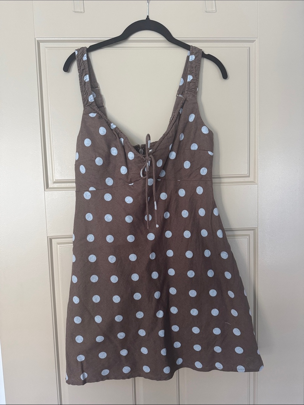 Polka Dot Tie-Front Mini Dress in Brown